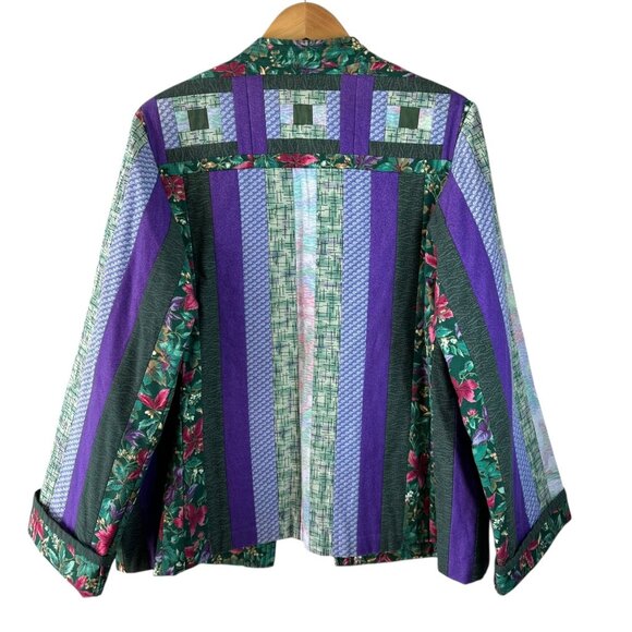 Handmade Quilted Patchwork Barn Jacket Green Purple Floral Log Cabin Size XL/1X - Picture 4 of 7